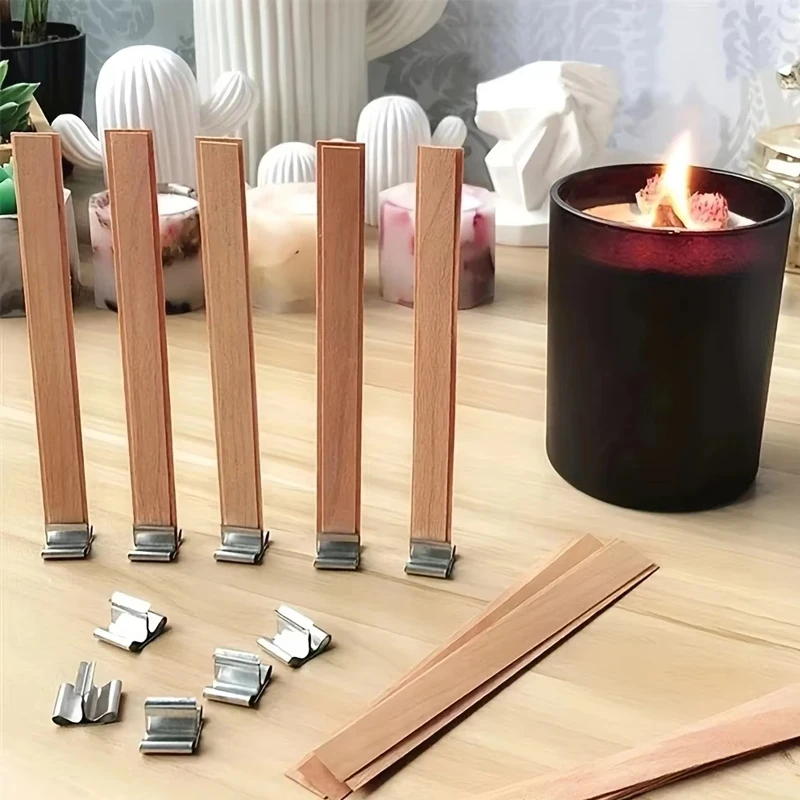 Mecha para velas de madera con lengüeta de sostenedor, núcleo de mecha para velas DIY, suministros para fabricación de velas, mecha de cera parfinada de soja hecha a mano, 10 Uds.