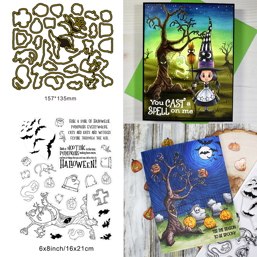 Söt häxräv glad halloween metallskärverktyg genomskinlig stämpel gör-det-själv scrapbooking silikonstämplar för kort album hantverk: S / Armégrön