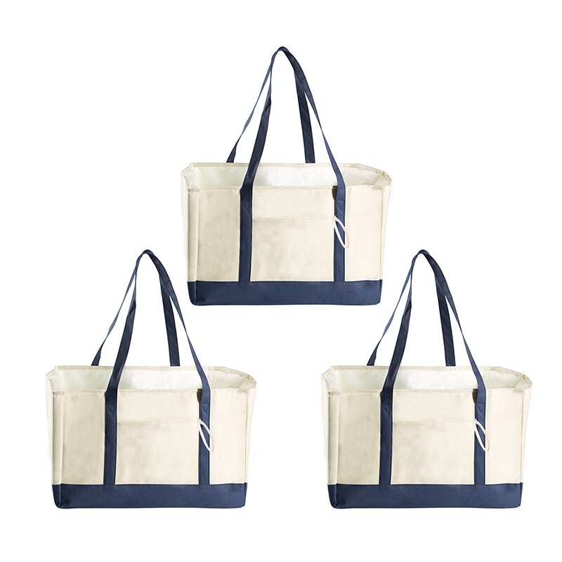 ASDS-Reusable Grocery Bags, Collapsible Reusable Shopping Boxes Large Storage Bins, Shopping Tote Bag, Beige and Blue: 3PCS