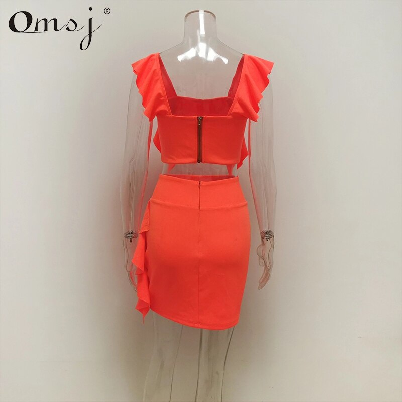 OMSJ Strand Stijl 3 Kleuren Vrouwen Zomerjurk Neon Roze Groen Oranje Ruffle Crop Top + Mini Rok sexy Night Club Outfits