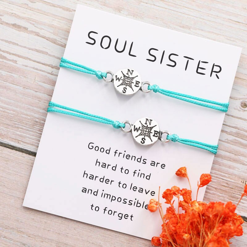 2Pcs/Set Soul Sister Compass Bracelet Friendship Long Distance Compass Charm Couple Bracelet Compass Jewelry Best Friend