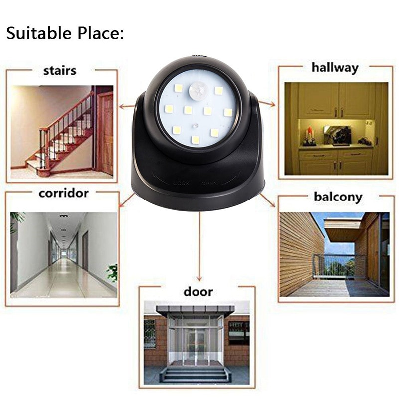 Sans fil capteur de mouvement lumière 9 LED AAA alimenté par batterie 360 degrés Rotation nuit lumière mouvement LED intérieur extérieur applique murale