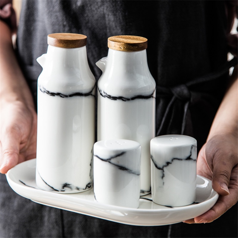 Keramik Salz Und Pfeffer Öl Flasche einstellen Marmor aufbringen Olive Soja Gewürz Essig Flaschen Hochzeit Favors Küche Kochen Werkzeuge