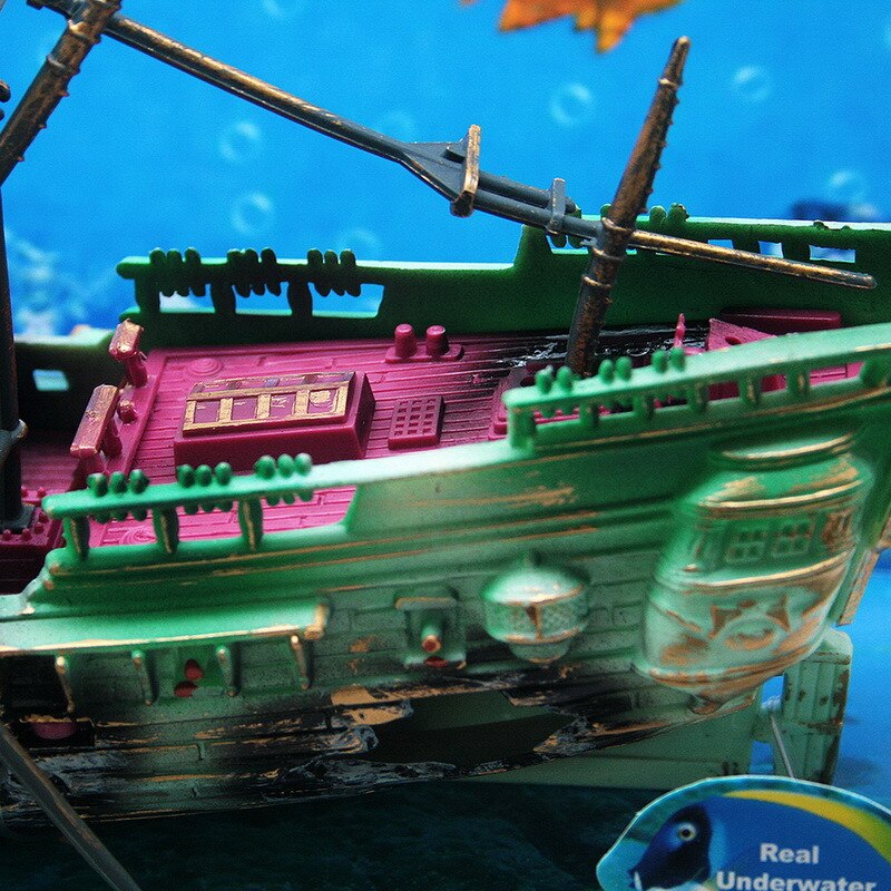 Dekorationer vrag sunket skib akvarium plastbåd luft split skibsvrag akvarium dekoration til krybdyr kasse