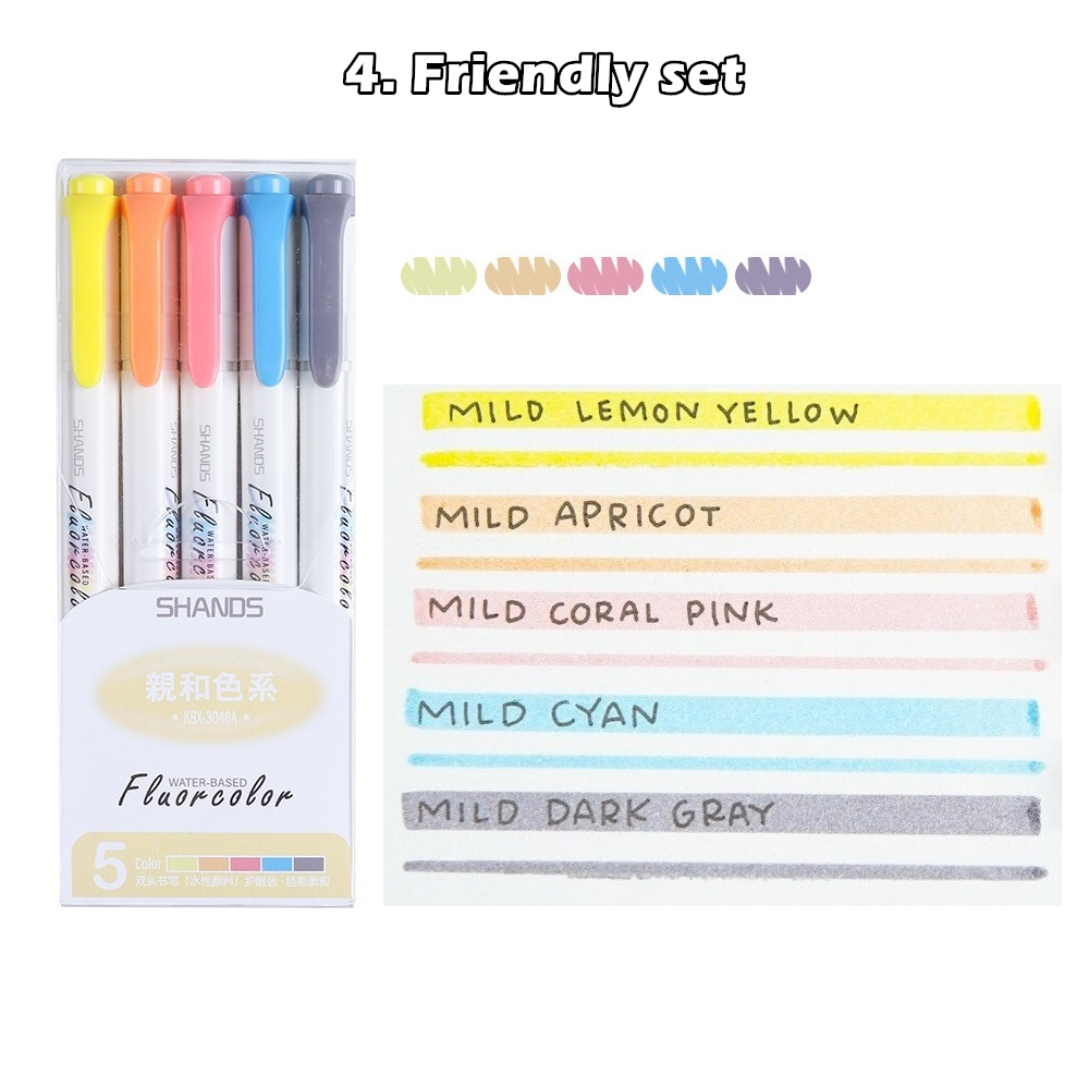 5 stk mild farve highlighter liner penne sæt dobbelt spids fed fin venlig fluorescerende markør bogstaver tegning kontor skole  f782: Venligt sæt