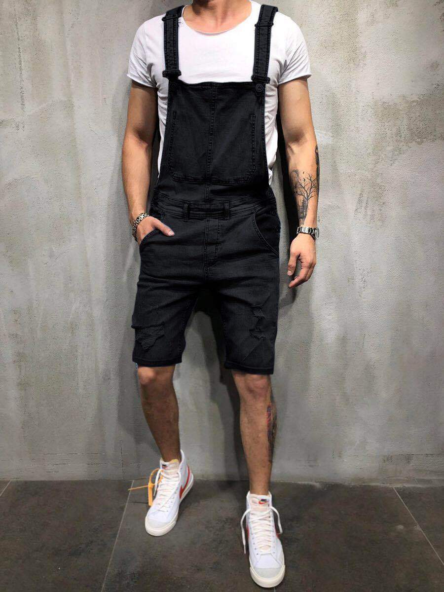 Monos vaqueros rasgados para hombre, Peto vaquero desgastado corto de gran tamaño, mono con tirantes: Black / S
