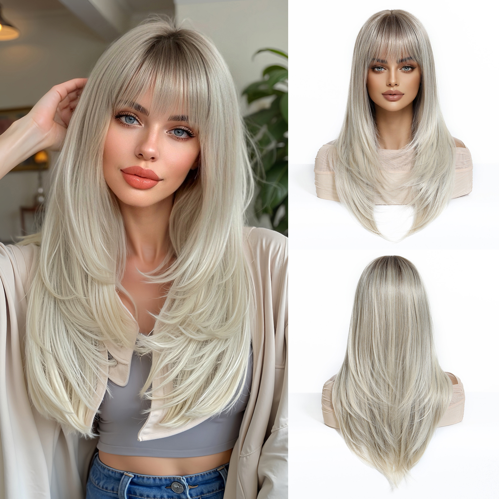 Easihair lång silverfärgad med blonda slingor syntetiska peruker för kvinnor rak med lugg naturlig peruk cosplay-hår värmebeständigt: Fs1b/99j