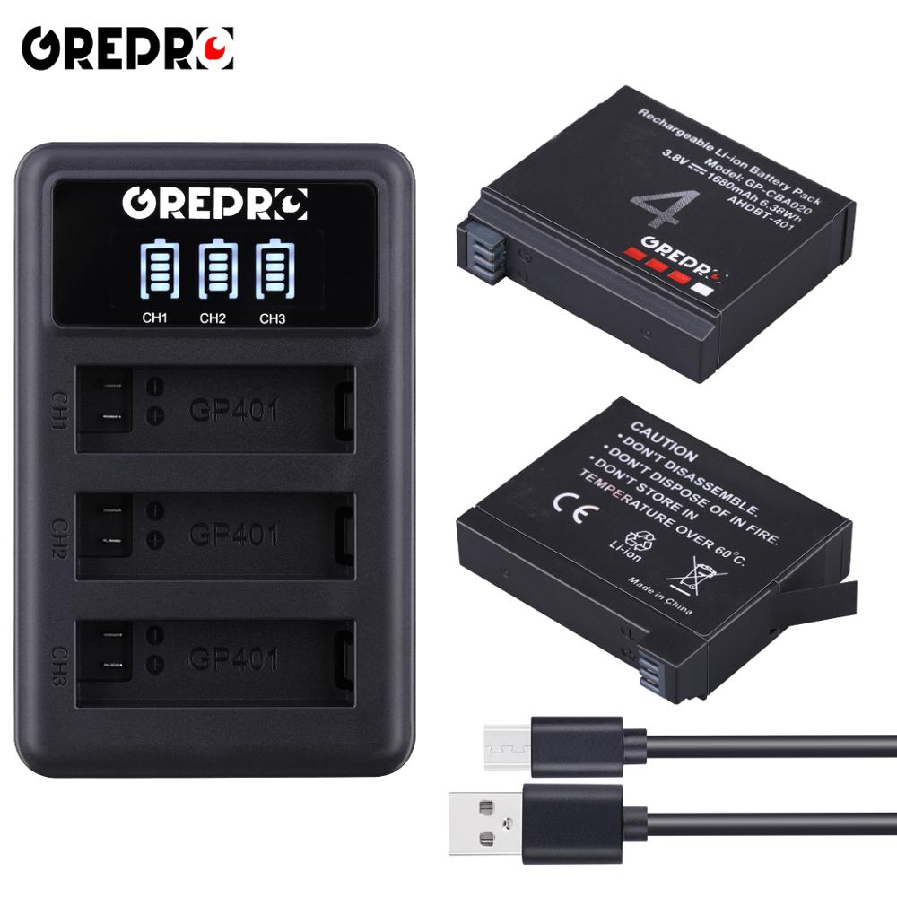 3 st 1680 mah gopro hero 4 ahdbt -401 batteri+ led 3- platser usb-laddare för gopro hero 4 gopro ahdbt -401 actionkamera batteri: 2b med laddare