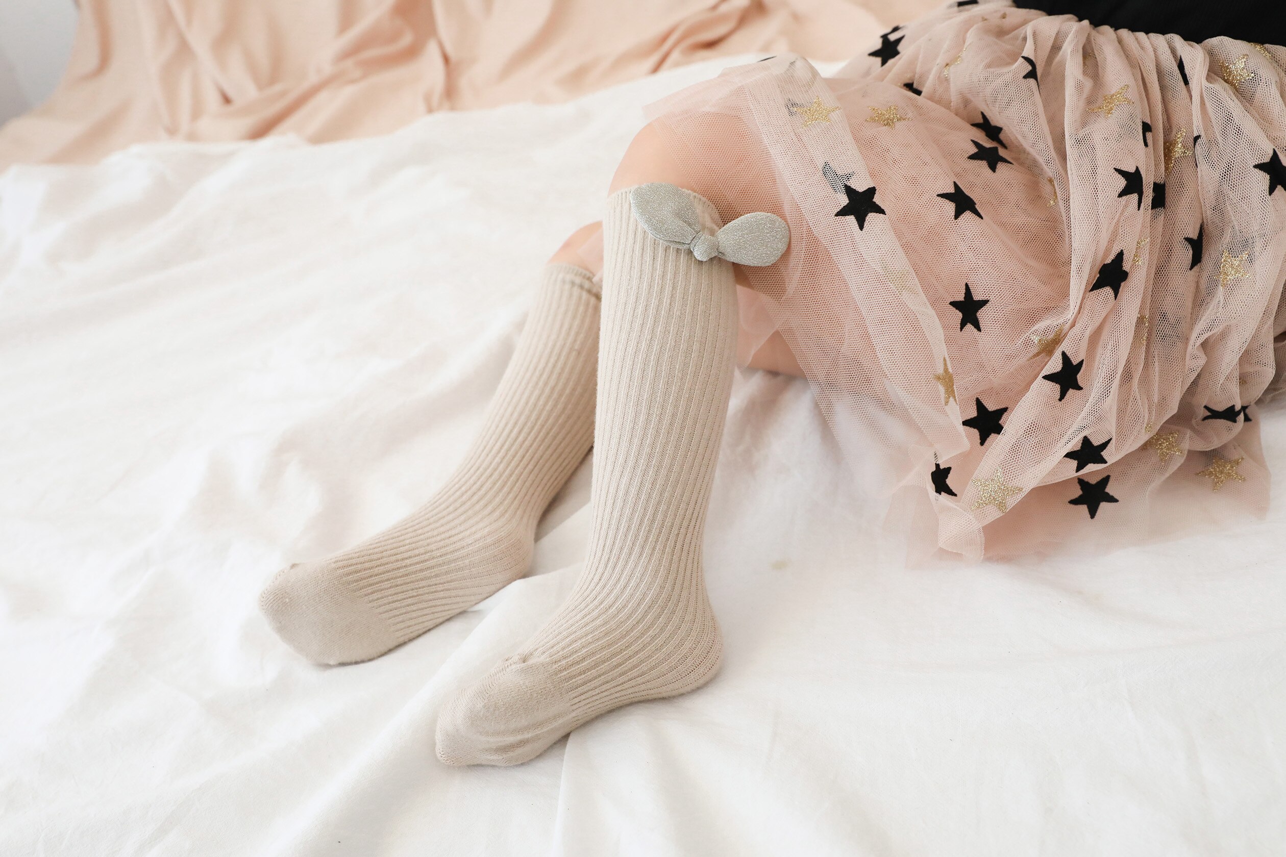 Meias de algodão fofas para meninas com laços, meias apertadas ao joelho: D 1-4Y