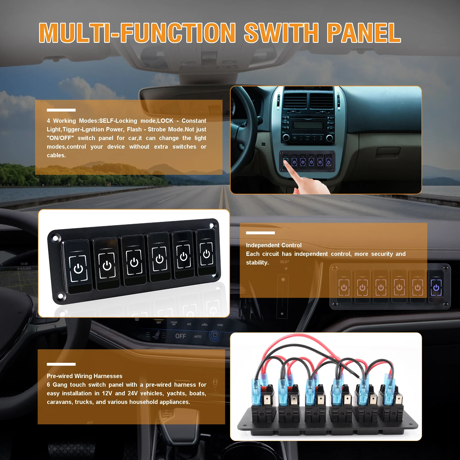 touch screen 2-8 Gangs Universal LED Switch Panel Light System Slim Electronic Relay System for SUV UTV Boat Caravan