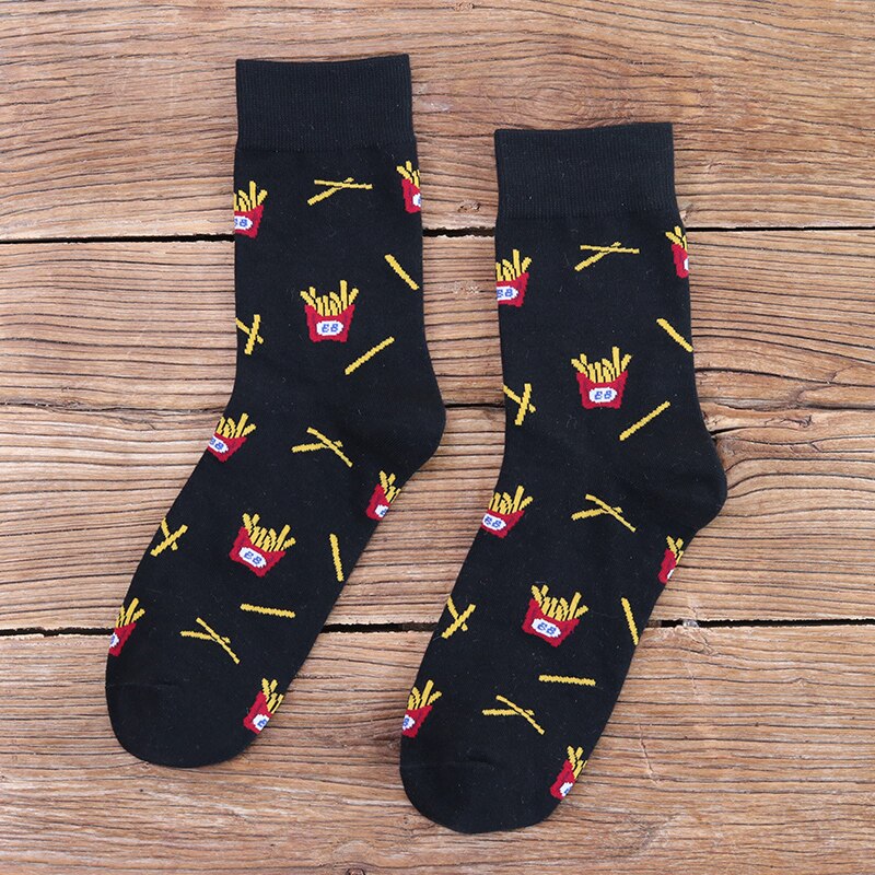 Snack pattern Harajuku hip hop socks men's funny combed cotton dress casual art socks colorful novelty skateboard mens socks: Black Socks