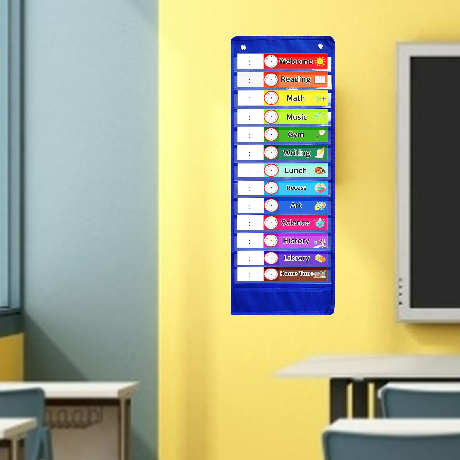 Daily Schedule Pocket Chart 2 Hook Kit Easy Deluxe Calendar for Activities Demonstrations School Toddlers Teacher: Blue