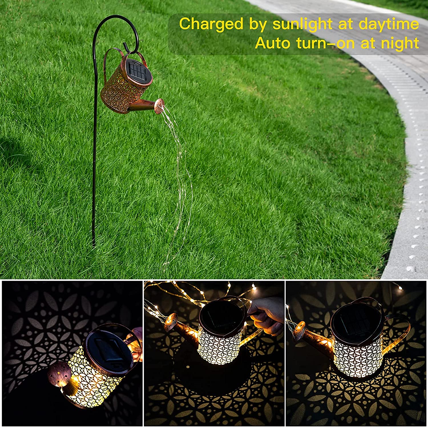 Solar Watering Can Waterfall Lights Garden Outdoor Art Lamps Hollow-out Iron Shower LED String Lights Decoracion Jardin Exterior