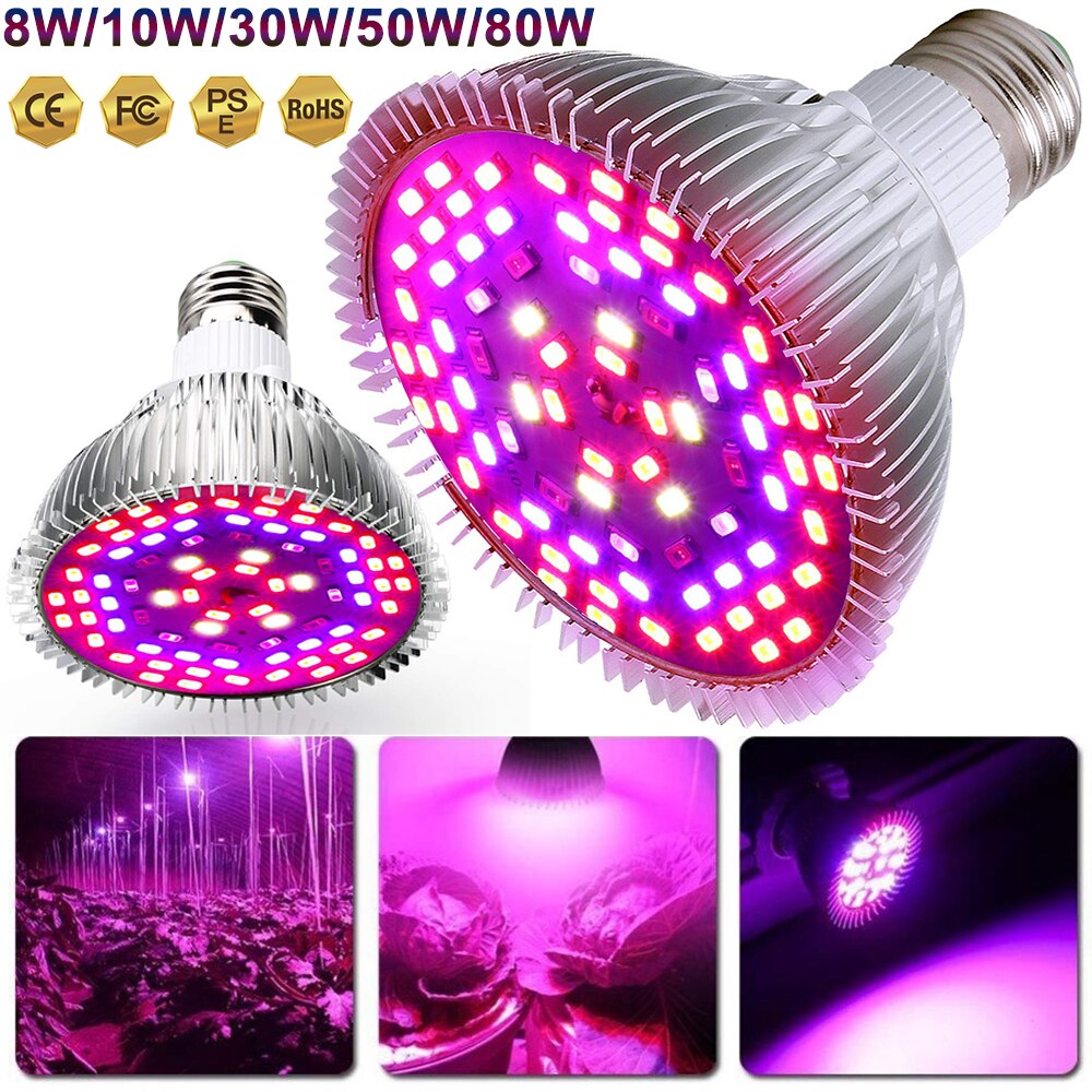 Luz LED para cultivo de plantas, lámpara de espectro completo para invernadero, 8-80W, E26, E27, 18-120LED, D30