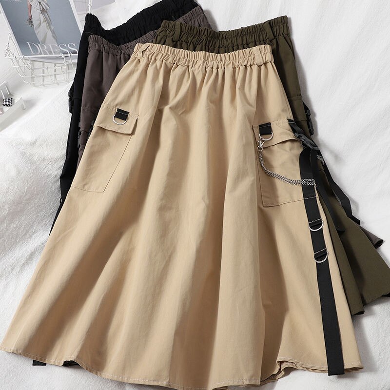 Falda larga de cintura alta para mujer, falda negra con bolsillos laterales y cadena, estilo coreano, ropa informal estilo Hip Hop Harajuku de talla grande