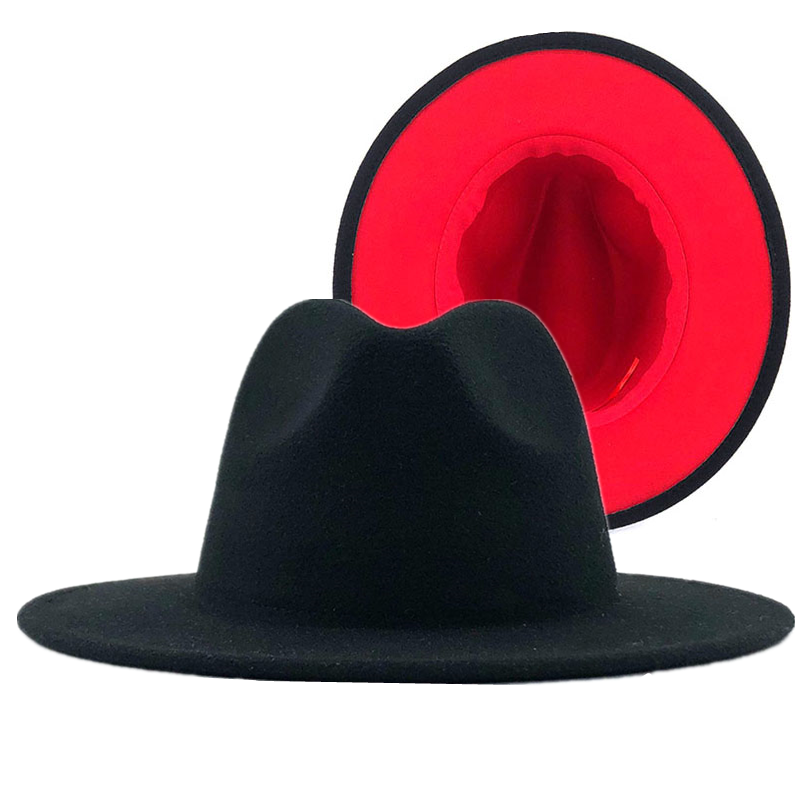 Unisex ydre sort indre rød uldfilt jazz fedora hatte med mænd kvinder bred rand panama trilby kasket 56-58-60cm: Sort / 58 is to fødder