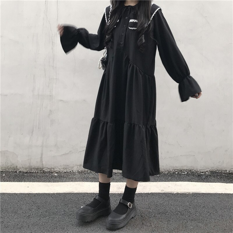 Japanse stijl schattige losse poppenkraag met belletjesmouw midi marineblauwe collegejurk voor dames, japanse schooluniform, matrozenjurk