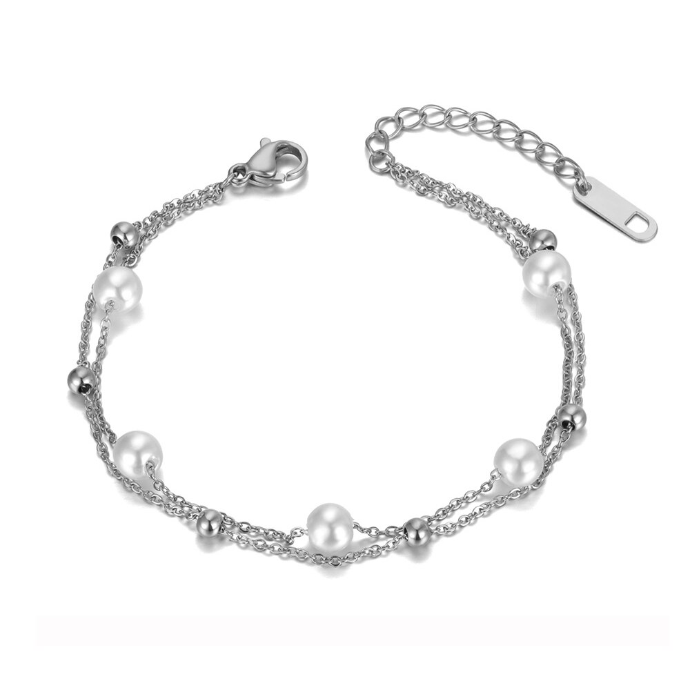 Lokaer à la Double couche blanc perle breloque Bracelets pour femme bohême acier inoxydable lien & chaîne plage Bracelet B20013: Couleur acier