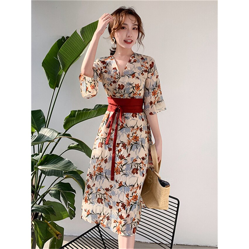 Vestido de estilo japonés con estampado de flores para mujer, ropa de calle femenina, estilo informal, Retro, Harajuku, Yukata, Obi