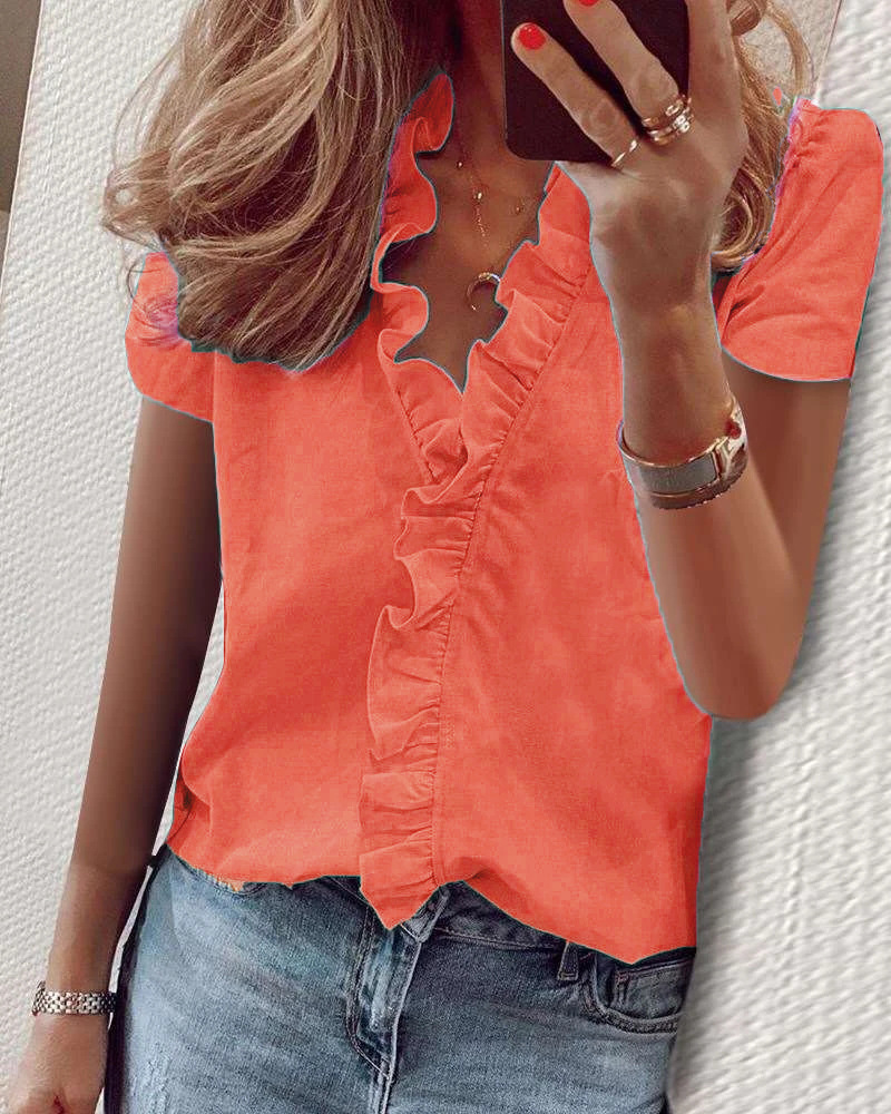 Chemise à volants à manches longues pour femmes, chemise populaire, printemps et été,: M / Orange Rouge