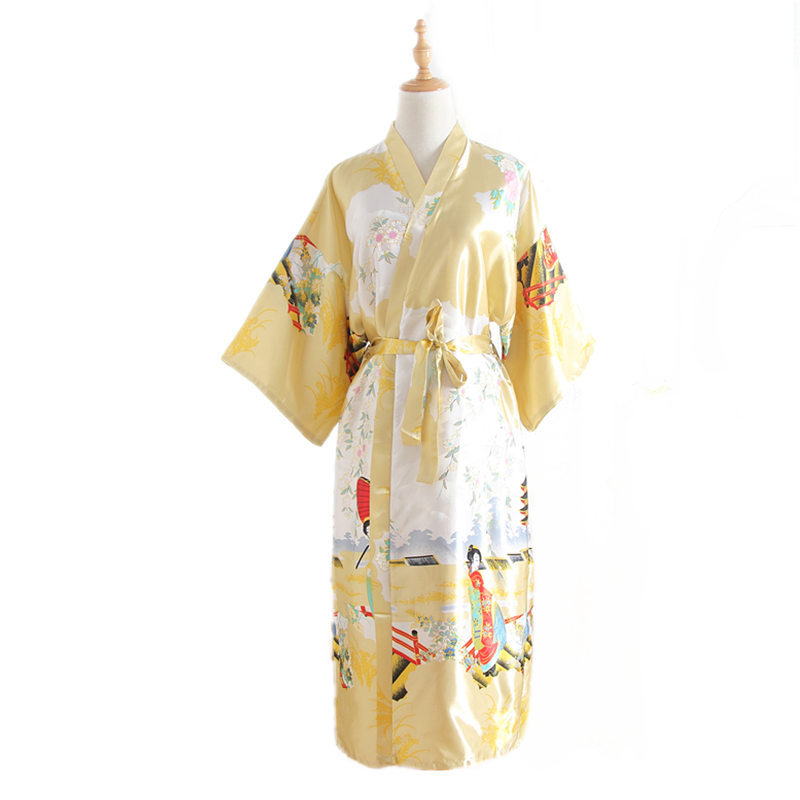Japanese Kimono Style Cardigan Satin Bathrobe Long Pajamas Night Robe Yukata For Women Japanese Clothes Peacock Print: Yellow