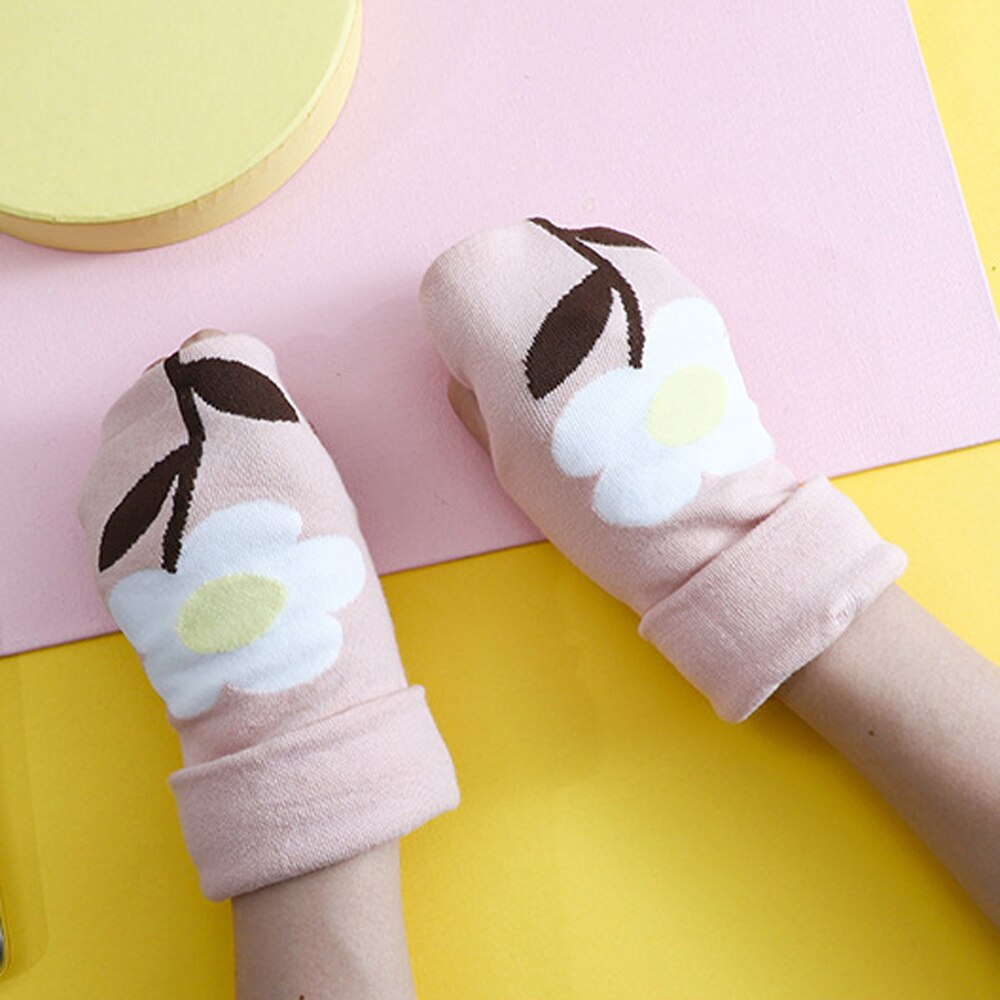 Rękawiczki bez palców kreskówka dinozaur kwiat z designem serca rękawiczki z dzianiny kobiety ciepłe zimowe różany palec ręka rękawice z jednym palcem