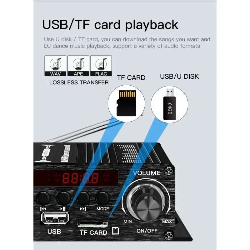 Amplificateur numérique Bluetooth 12V, pour maison et voiture, 2 canaux, haut-parleur sonore HIFI, récepteur FM, Mini amplificateur Audio, nouveauté 2024