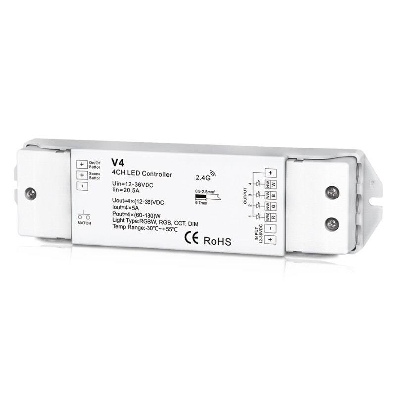 controlador de tira Led, receptor inalámbrico RF de 2,4 GHz, 12V -24V, V1/V3/VP/V4/V4-L/V5/V5-M, WW/RGB/RGBW, RGB + CCT, atenuador de cadena