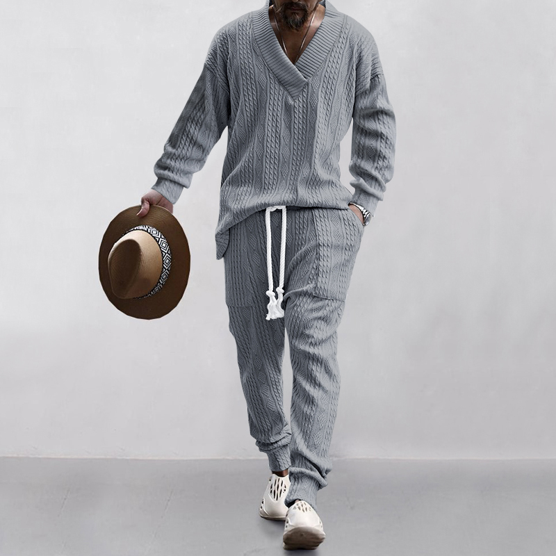 Conjunto de camisa y pantalón con cuello en V para hombre, traje de Jacquard de , estilo europeo y estadounidense, primavera y otoño, novedad: XXL / Gris
