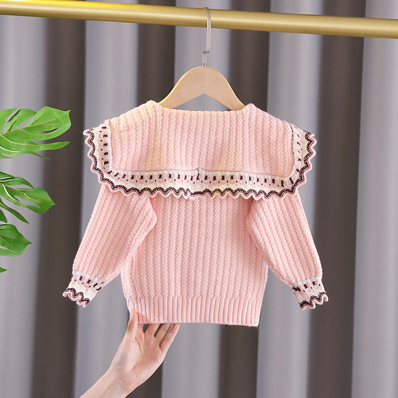 Autumn Winter Girls Knitting Cardigans Coat Kids Long Sleeve Peter Pan Collar Warm Sweater 3Color 0-5Y