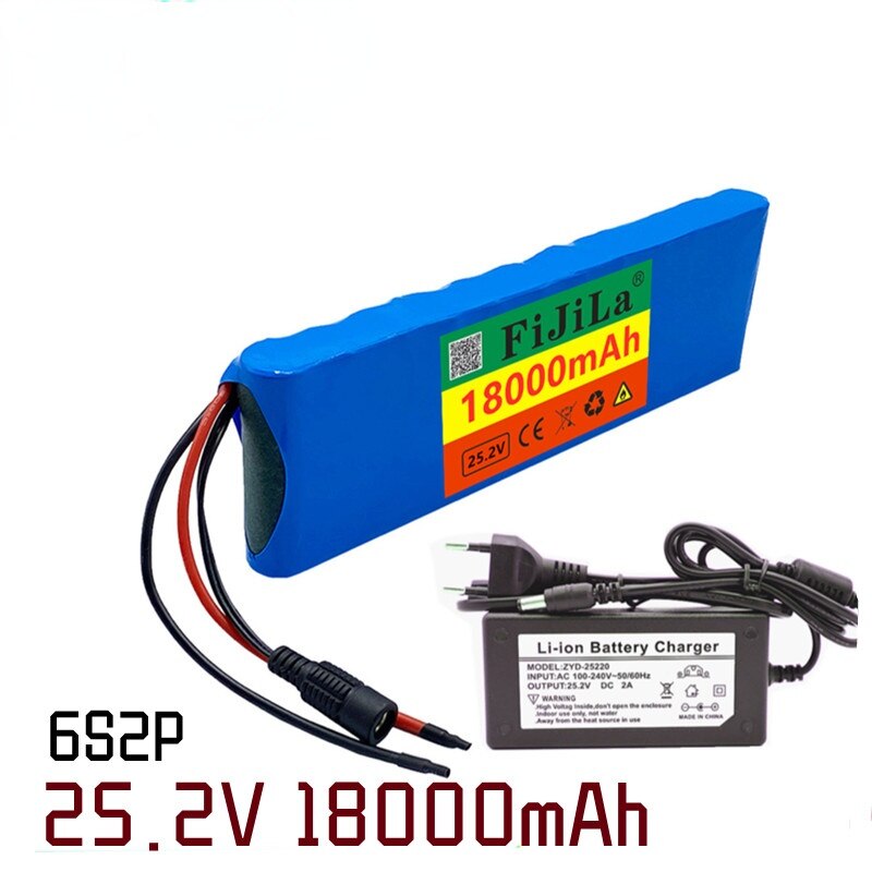 24V 18000mAh 6S2P 18650 Lithium Battery Pack 25.2V 18000mAh With BMS For Electric Bicycle Moped + 2A Batteries Charger