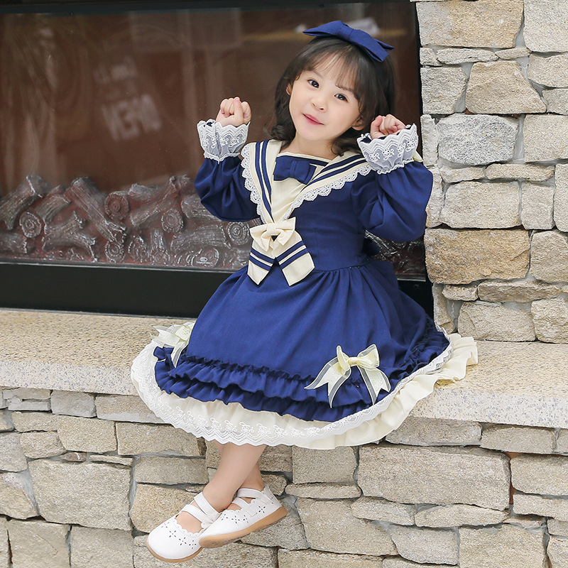 Barn lolita klänning japansk kawaii lolita kostymer blå/röd långärmad spetsklänning barns prinsessa tefest kläder  vo816