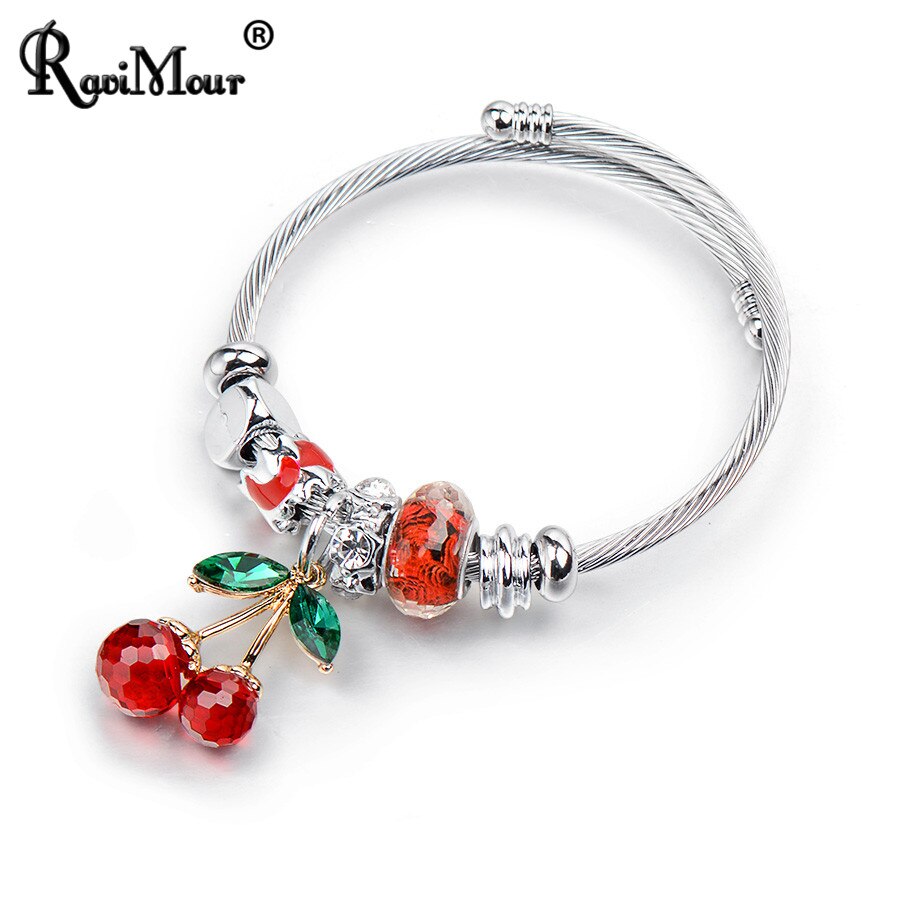 RAVIMOUR Stainless Steel Bracelets & Bangles Big Cherry Crystal Women Bracelet Jewelry Charms Bead DIY