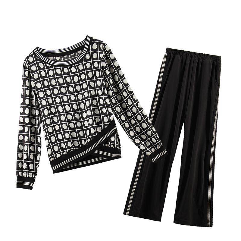 M-5x Autumn Black Printed Two Piece Sets Women Plus Size Long Sleeve Tops And Pants Suits Korean Office 2 Piece Sets