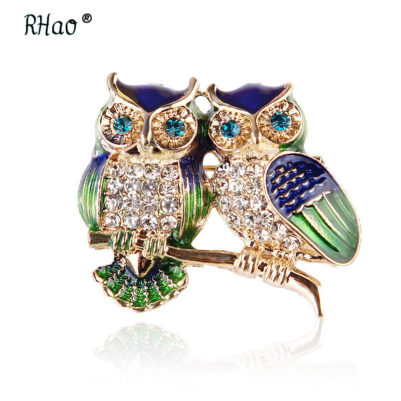 RHao Blauwe Ogen Emaille pins Rhinestone Paar Uil Broche animal broches voor Vrouwen Mannen Kleding Sjaal gesp kraag sieraden pins