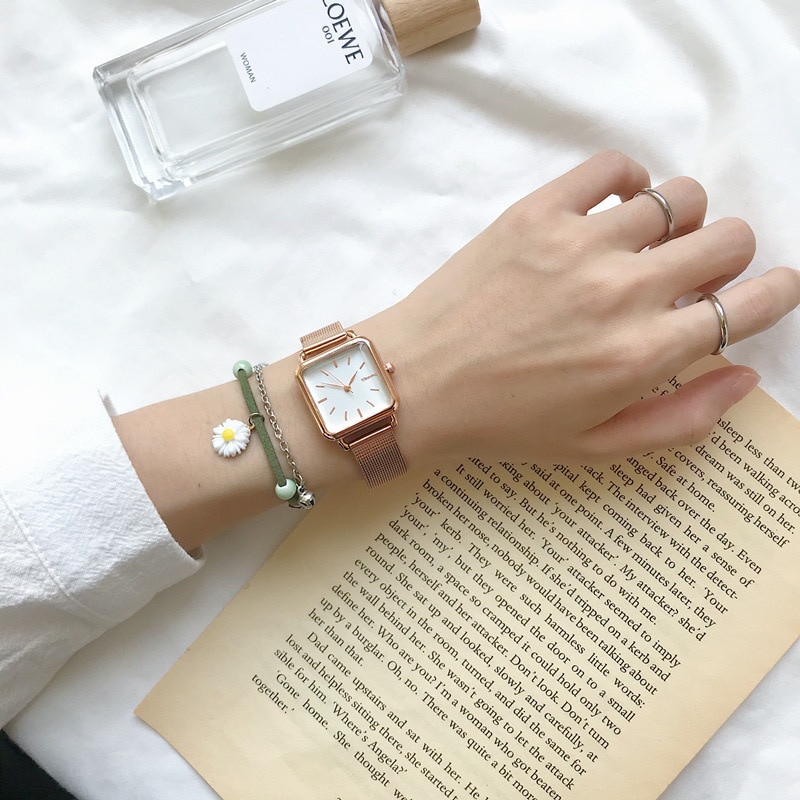 Vrouwen Mode Vierkante Horloges Minimalistische Dames Quartz Wrsitwatches Ulzzang Goud Zilver Rvs Mesh Band Klok