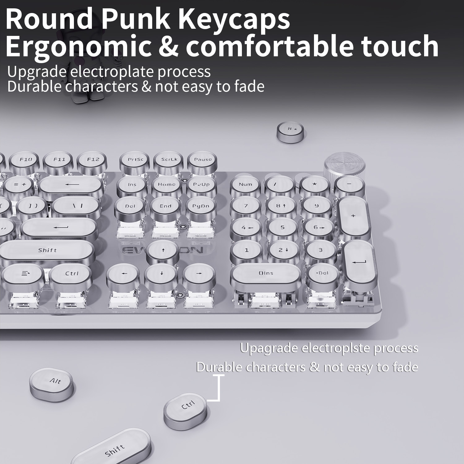 EWEADN V20 Punk Typewriter Mechanical Gaming Keyboard, 104 Keys Round Keycaps LED White Backlit, Key-wire separation: WHITE