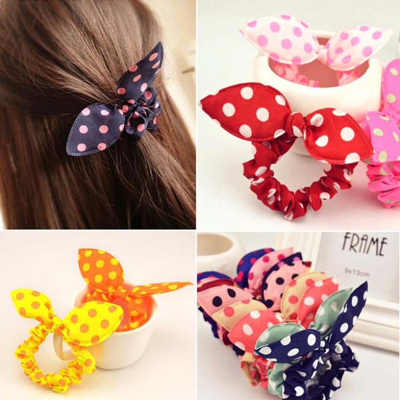 10pcs Lot Mix Style Clips For Hair Band Polka Dot Leopard Trip Hair Rope Rabbit Ears Headwear Hair Tie girl Hair Accessorie