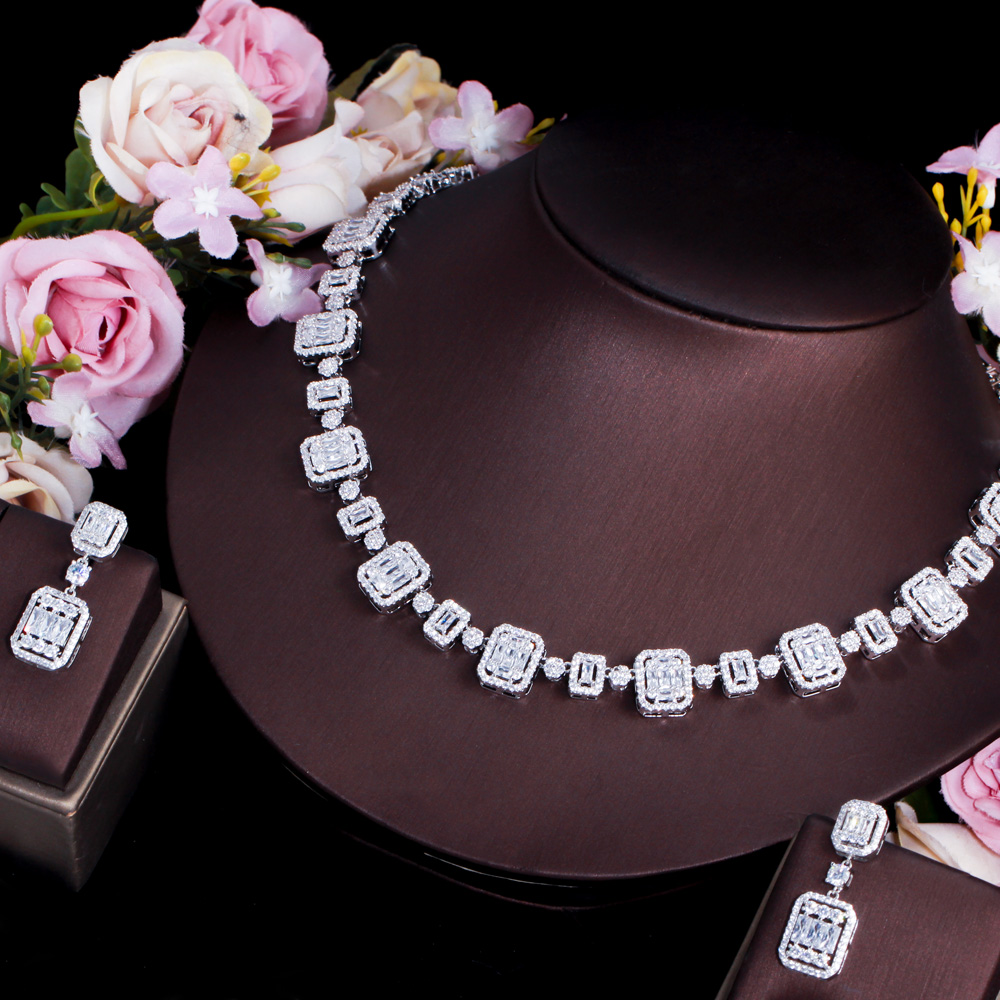 Cwwzirconi di lusso con zirconi cubici africani pavimenta Set di gioielli da sposa Color oro bianco per accessori per abiti da festa da donna T548