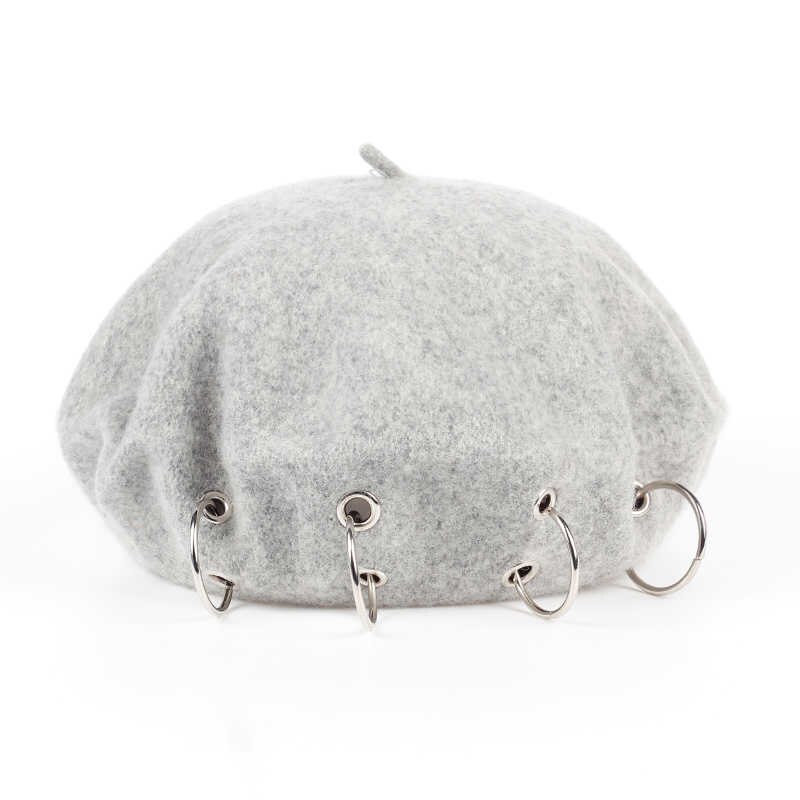 Gorros de invierno Harajuku, boinas de la oscuridad, estilo Punk Rock, boina con anillos de hierro, gorra de pintor de lana negra 17th-century, novedad de: Gris