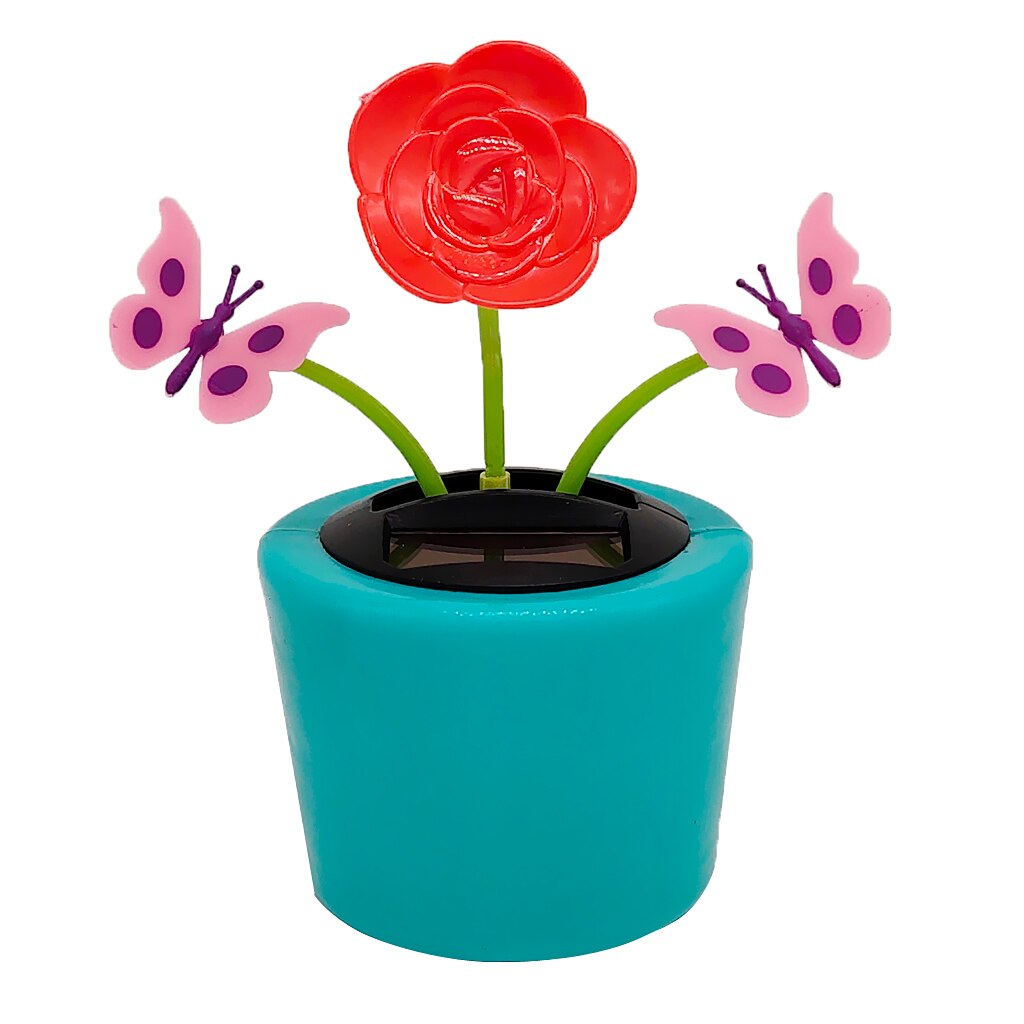 Zonne-energie Blue Bloempot Rose Vlinder Swing Plant Doll Ornament Auto Dashboard Home Decoratie