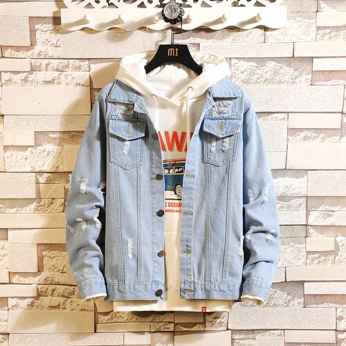 Men Jacket 2020 Spring and Autumn New Fashion Casual Hole-solid Color Slim Denim Jackets Men: light blue / M