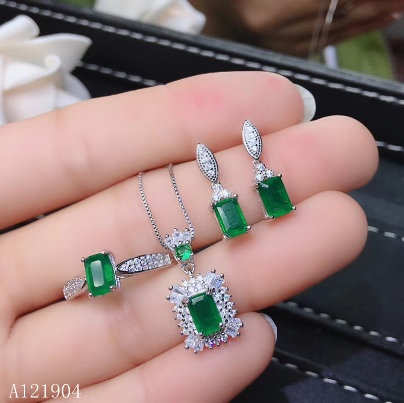 KJJEAXCMY boutique juwelen 925 sterling zilver ingelegd natuurlijke smaragd edelsteen vrouwelijke ketting hanger ring oorbellen set ondersteuning