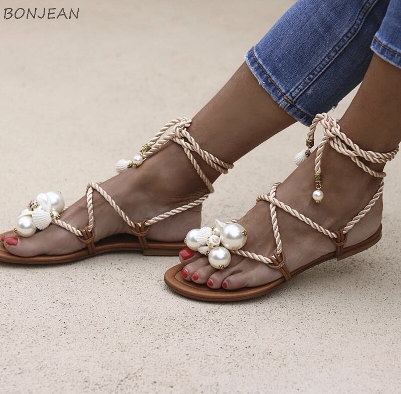 Women cross lace up sandals with pearl flip flop women Pearl flat Sandals Beach Party Dress shoes summer Roman Flat
