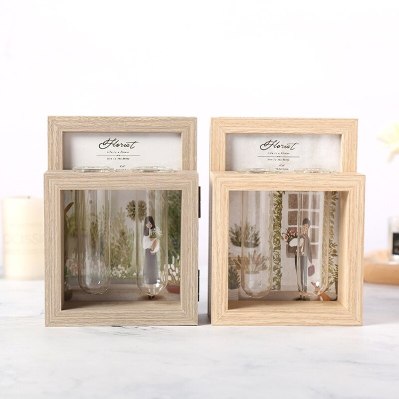 Wood Picture Frame and Plant 2 Vase Combo, Double Sided Display Hinged Desktop Wooden Stand, Glass Planter Terrarium