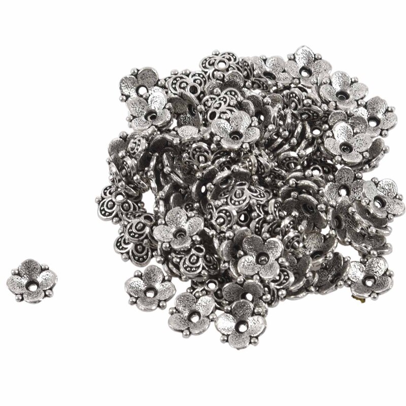 100Pcs Bead End Caps Bevindingen Vier Bloem Silver Tone 10Mm X 10Mm (3/8x 3/8 inch)