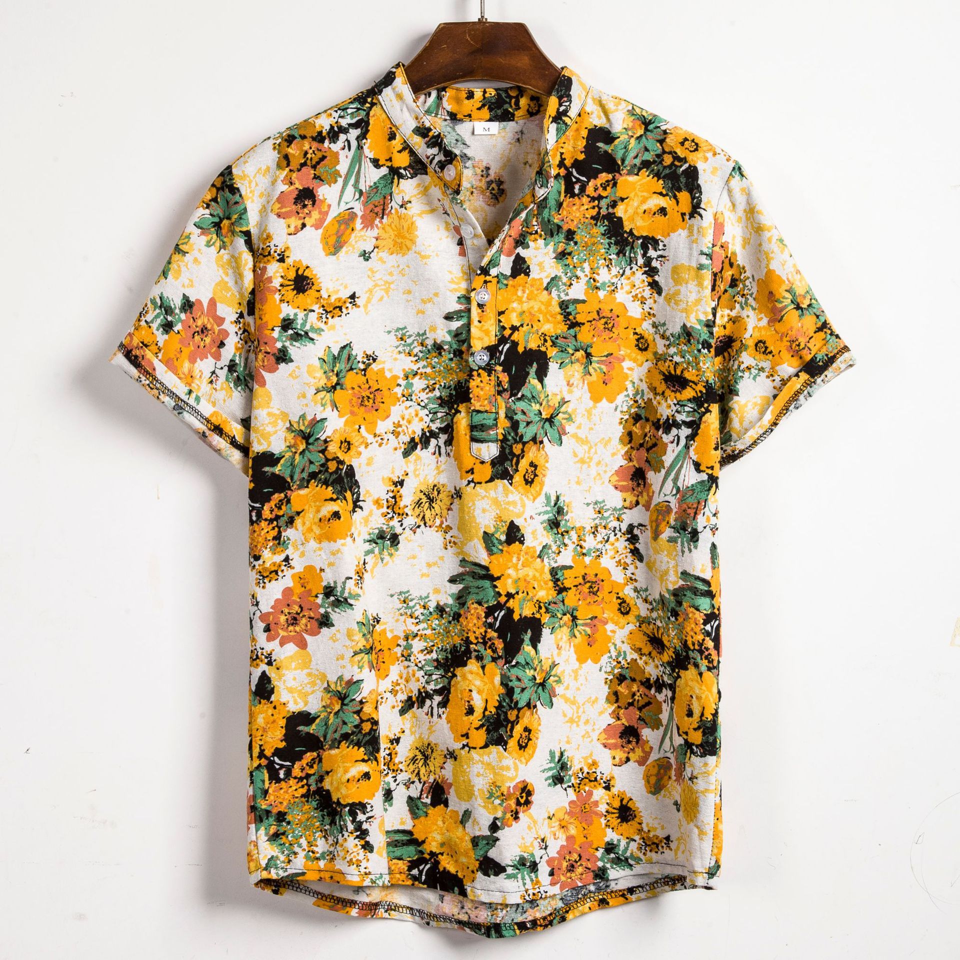 Summer Men Yellow flower Print Shirts Brand Hawaiian Shirt Short Sleeve Stand Collar Shirt Casual Slim Fit Chemise Homme