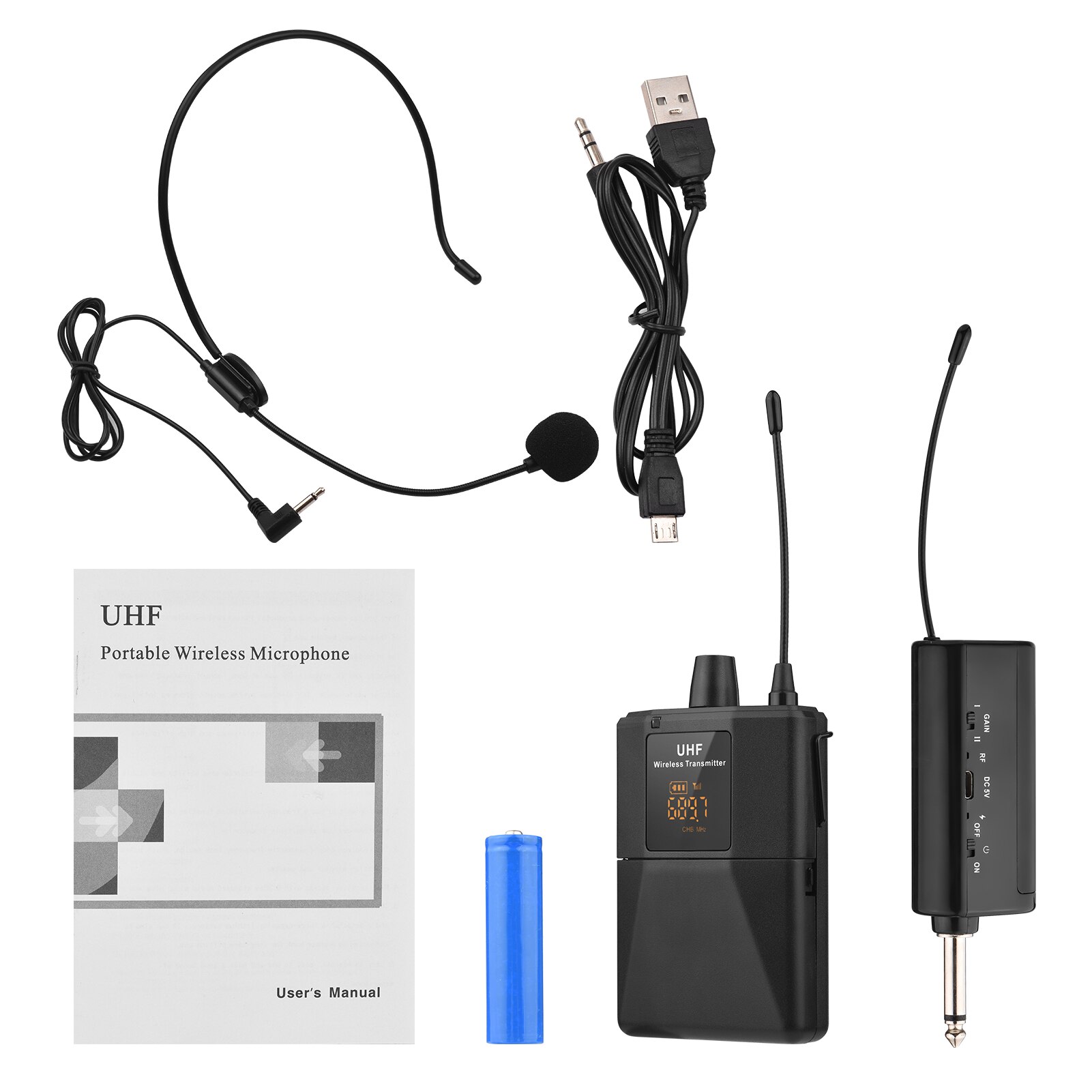 UHF Wireless Headset Microphone with Transmitter &amp; Receiver LED Digital Display Bodypack Transmitter for Teaching Speech