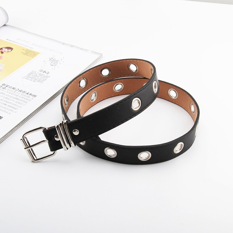 Cinturones de cadena Punk para mujer, banda para vaqueros con ojales con doble fila ajustable, cinturones decorativos: Black