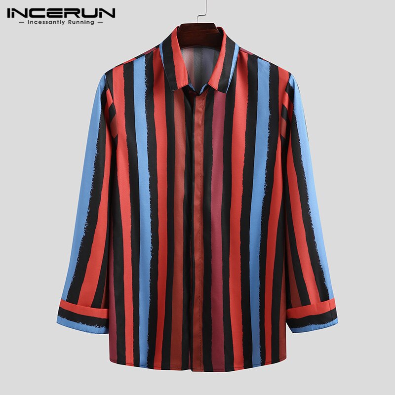 Incerun Herfst Gestreepte Shirts Heren Lange Mouwen Revers Camisa Causale Kleurrijke Knoppen Chemise Gezellige Streak Blouse Streetwear S-3XL